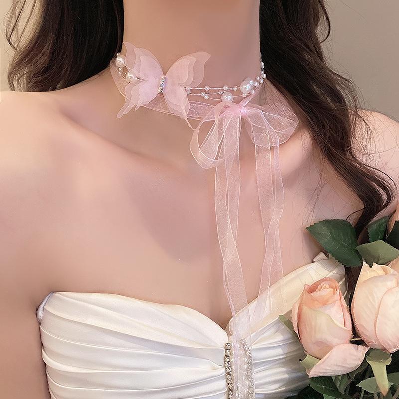 Romantische Vlinder Parel Strik Strikketting Dames Luxe Zijden Lint Zoete Chokers Sleutelbeenketting Temperament Sieraden Cadeau Feest
