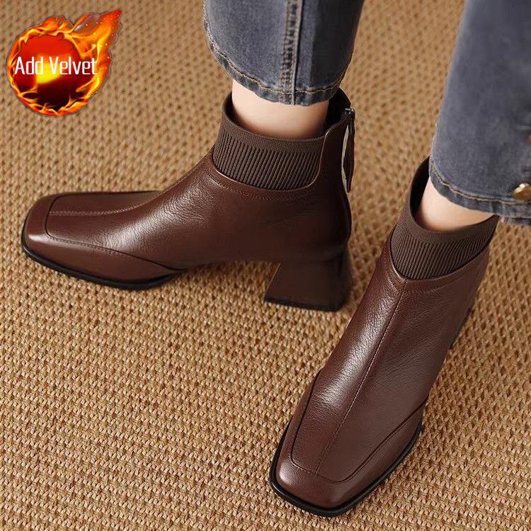 Fashion Ankle Boots for Women Heeled Leather Splicing Knit Office Booties Comfortable and Elegant Goth Y2k Autumn Chic Woman Short Shoes
