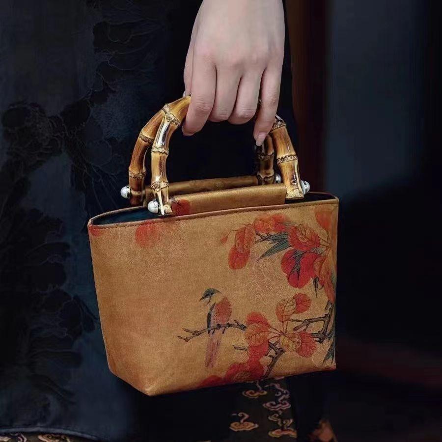 IELGY original design fragrant cloud yarn bamboo cheongsam handbag, new Chinese style retro Hanfu bamboo handle handbag