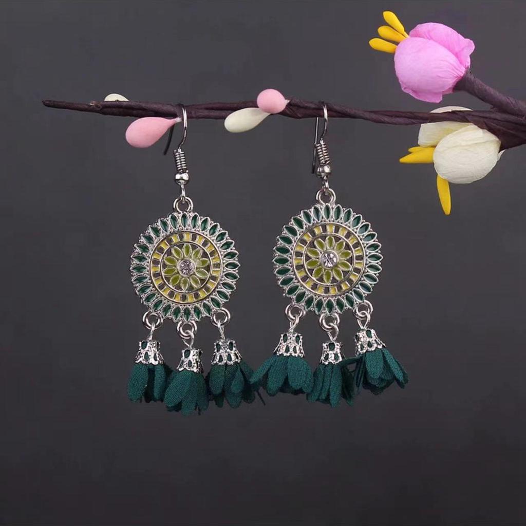 Bohemian Turquoise Owl Dream Catcher Tassel Earrings for Women