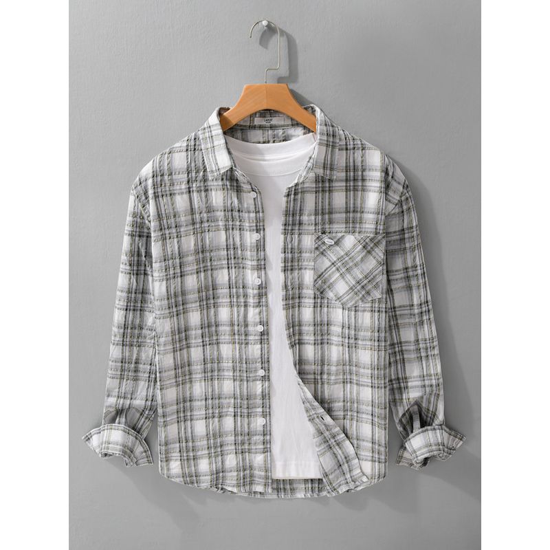 Spring Summer Plaid Sun Protection Clothing Loose Casual Long Sleeve Shirts Men's Lightweight Yarn-Dyed Plaid Shirt Outerwear New