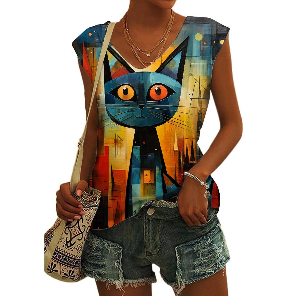 Women's Sleeveless T-shirts 3d Abstract Cat Print Vest Loose V-Neck T-shirts & Blouse Summer Breathable Basic Tops Tees