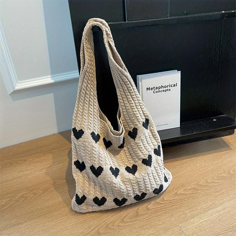 Valentine's Day Single Shoulder Tote Bag, Large Capacity Color-Block Heart Knit Casual Hobo Beach Bag for Women,Vacation, and Daily Use