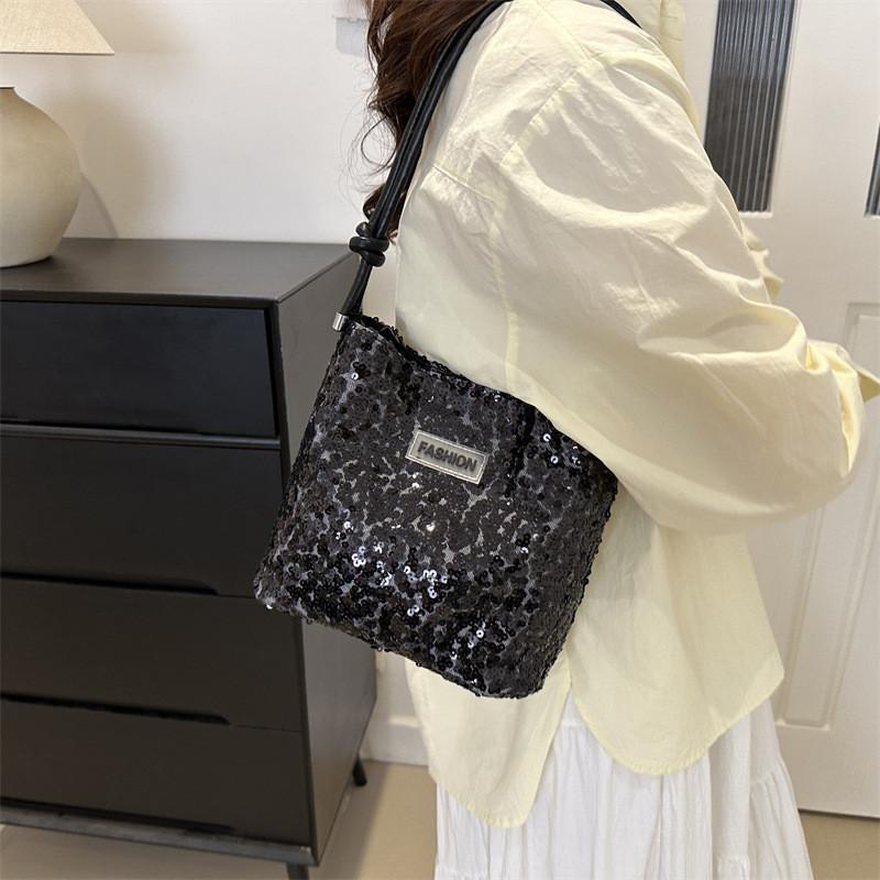 Trendy Sequin Bucket Bag Versatile Shoulder Bag For Women In Black Pink Silver Colors