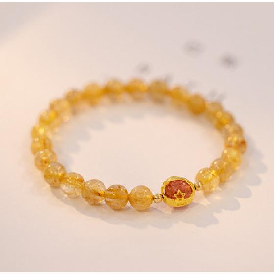 Citrine Natural Golden Rutilated Quartz Beaded Bracelet for Women, Alloy Jewelry