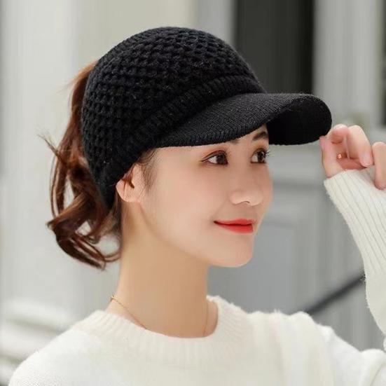 Knitted Hat Empty Top Plush Lining Casual Peaked Stretchy Keep Warm Solid Color Autumn Winter Women Sports Cap for Outdoor