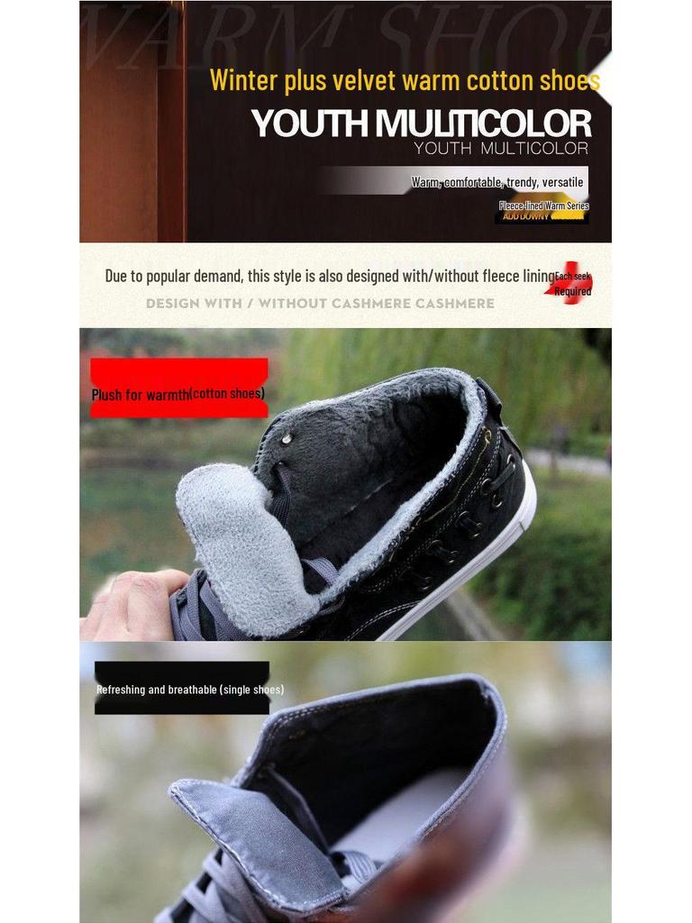 Men's Retro High-Top Canvas Shoes - Velvet-Lined, Warm, Casual, Trendy, Denim-Style for Autumn and Winter