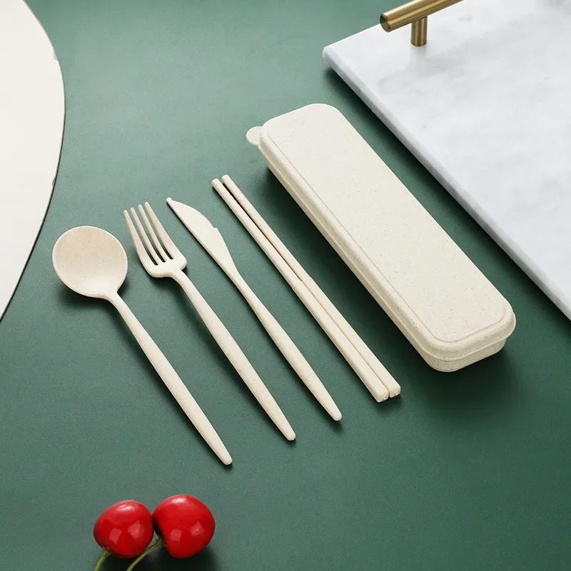 Tableware Spoon Fork Chopsticks Knife Cutlery with Box for Children Adult Travel Portable Wheat Straw Tableware