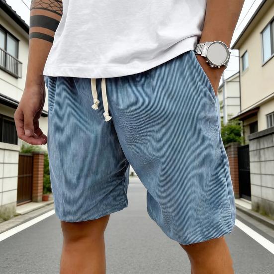 Men Shorts Elastic Waist Adjustable Leg Summer Corduroy Drawstring Wide Shorts with Pockets Loose Fit Casual