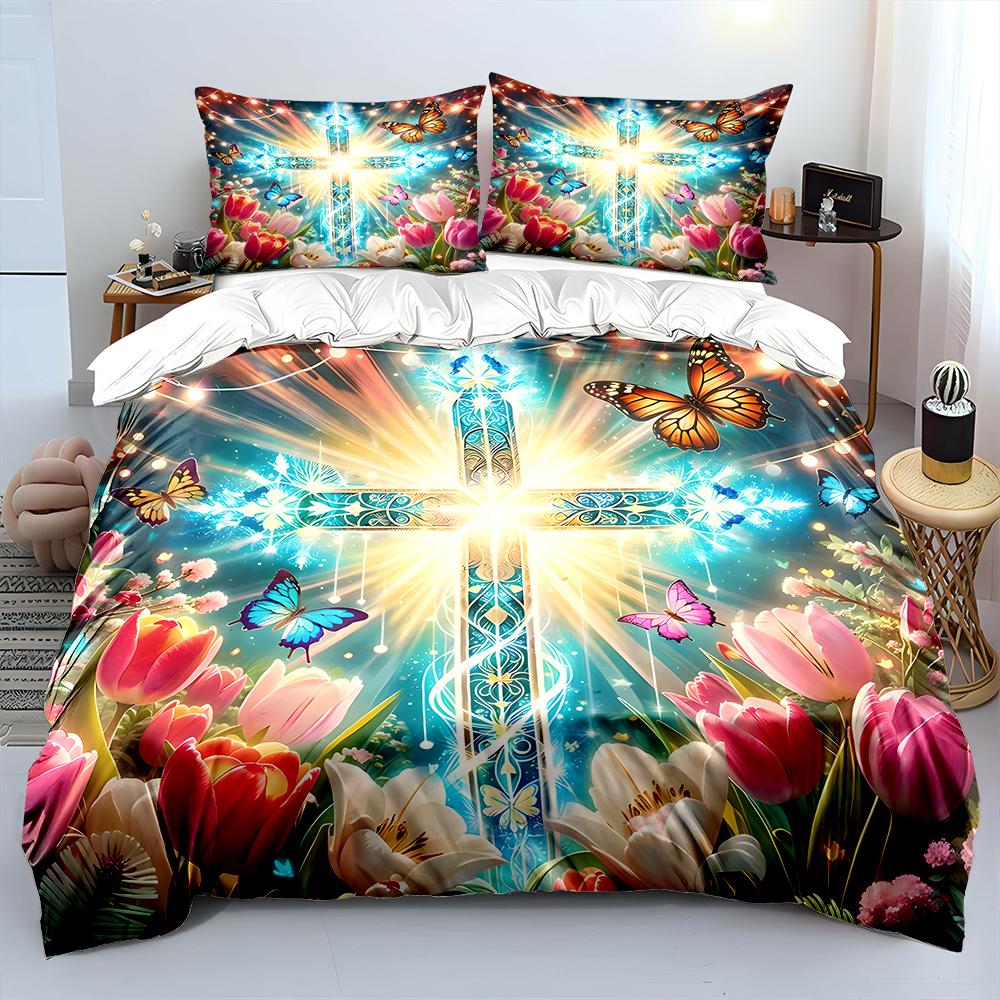 Colorful Cross With Butterflies And Flowers Print Bedding Set 1 Duvet Cover 2 Pillowcases For Adult And Children Luxury Gift EU Twin 135X200cm&set