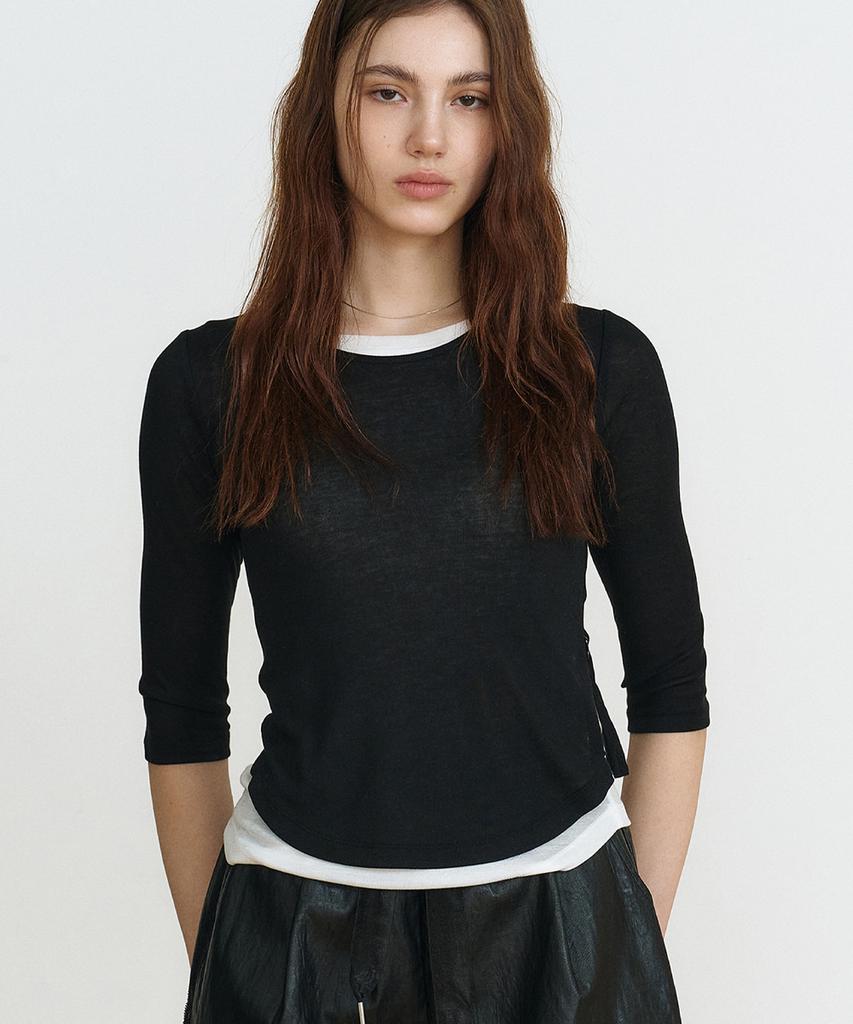 MAKE A TOAST Layered Two-Tone Sleeve Top (Black) Mbfsto019Bk