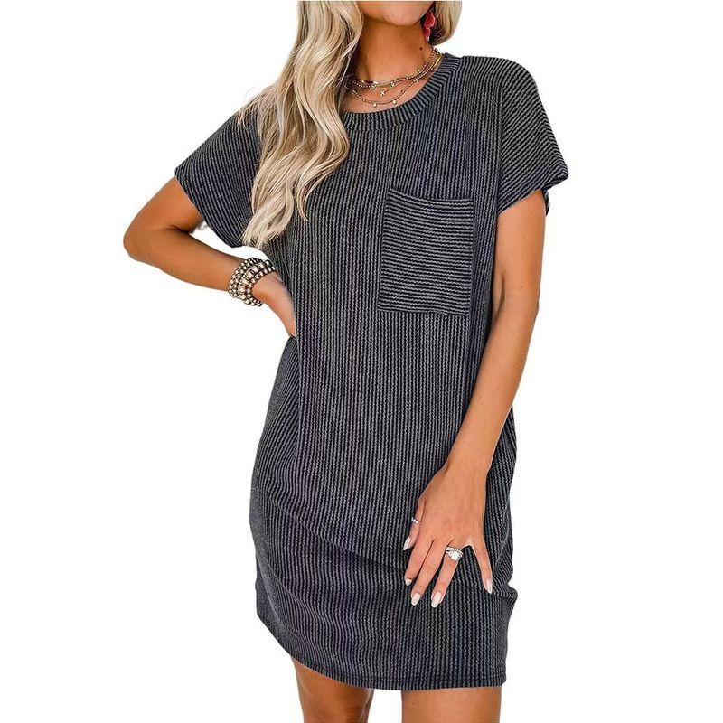 

Fashion Style New Arrival Summer Casual Contrast Color Stripes Short Sleeve Pocket Dress Casual Striped Dress Dark gray M