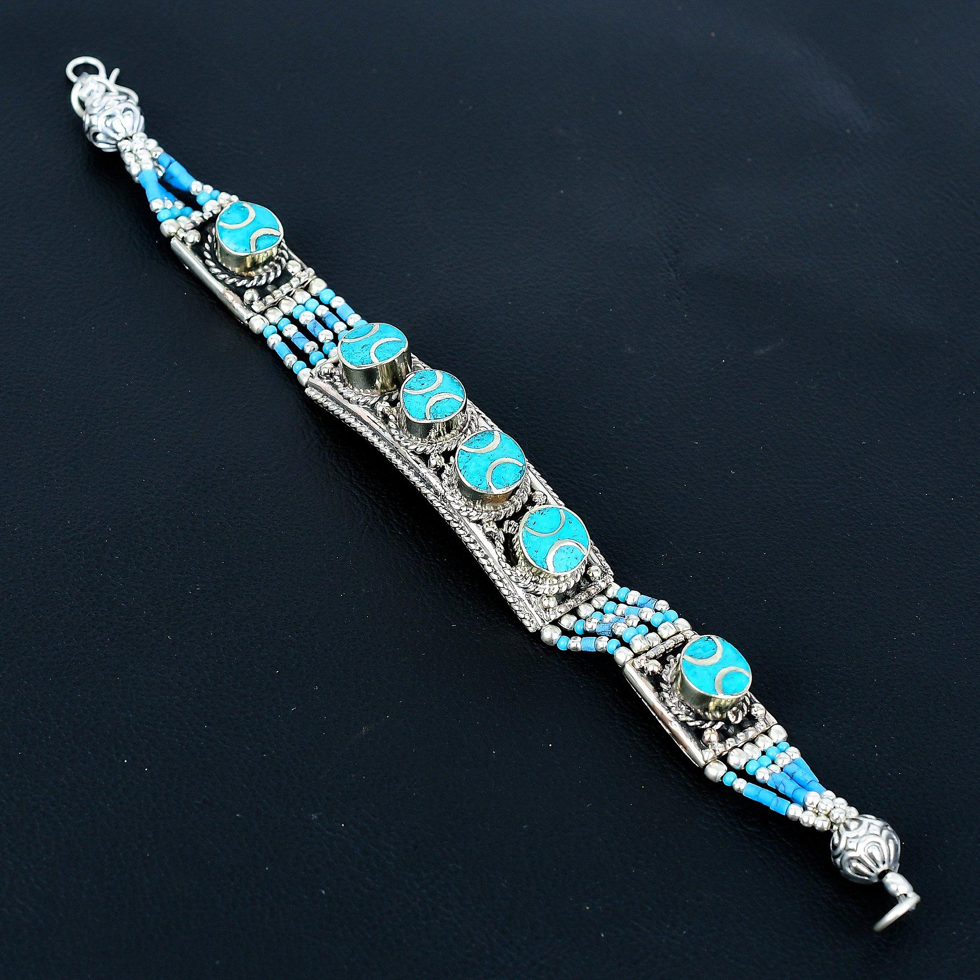 

Бирюзовый браслет из стерлингового серебра 925 пробы, тибетский серебряный браслет, браслет ручной работы, азиатские непальские украшения, богемный эффектный браслет, шарм-украшение в стиле бахо 8 синий