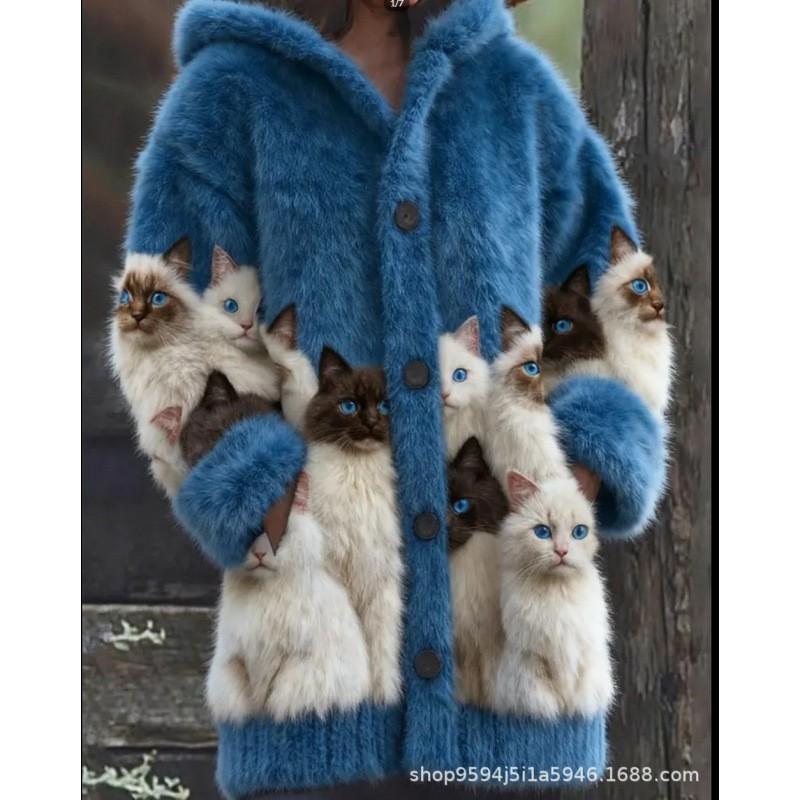Womens 3D Cat Print Hooded Cardigan Sweater Coat Long Sleeve Thick Casual Outerwear