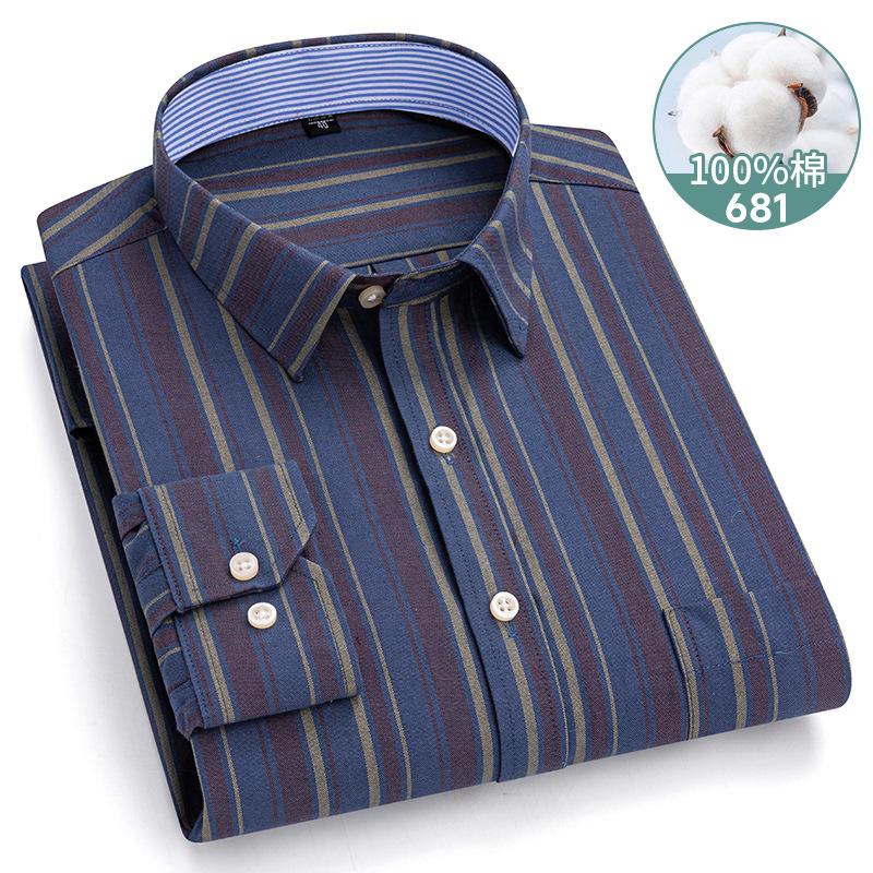 

Autumn New Striped Long Sleeve Shirt Cotton Oxford Spinning Washed Casual Men s Cardigan Button Neck Shirt 38