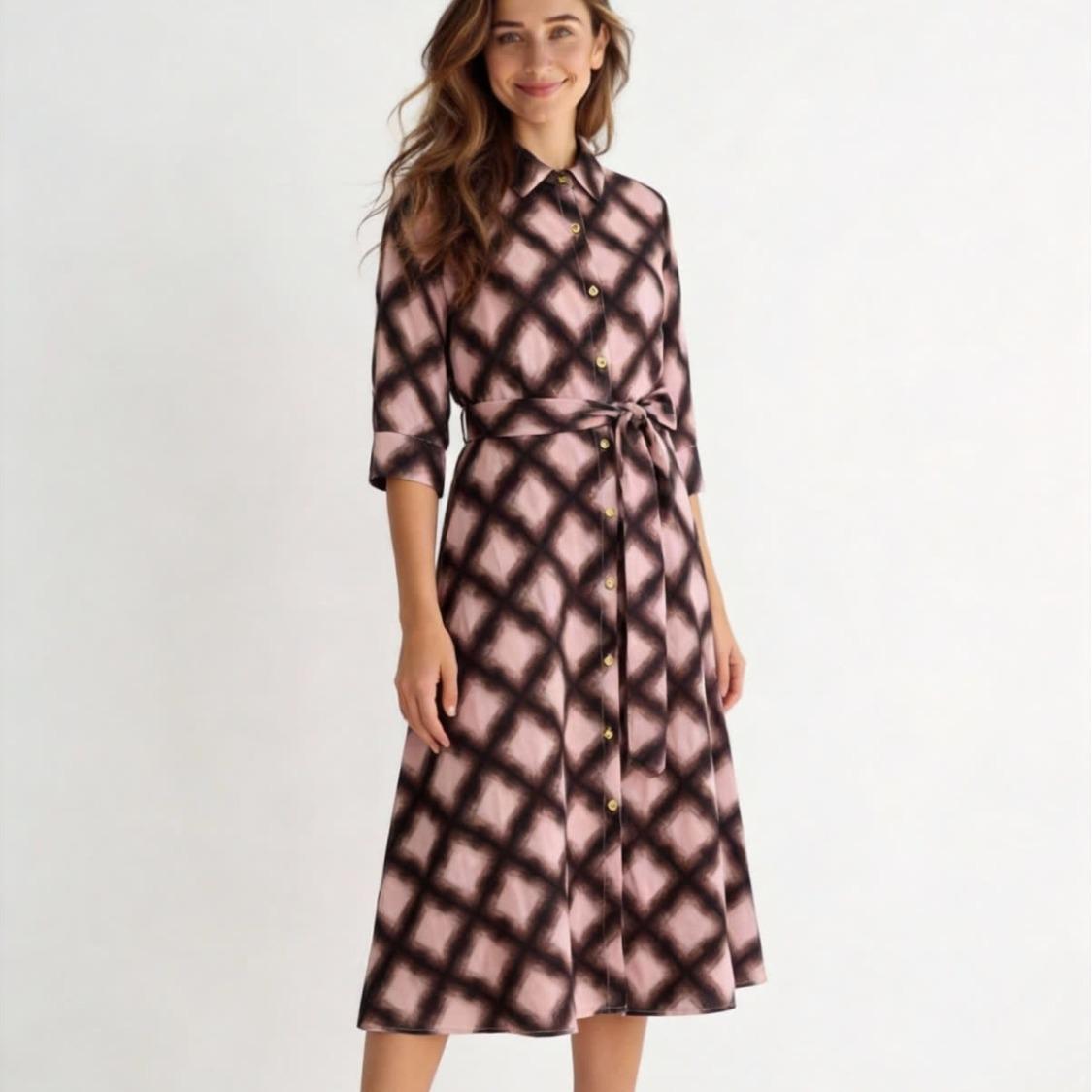 2026 New European & American Plaid Seven-Sleeve Women s Loose Slimming Dress Shirt L