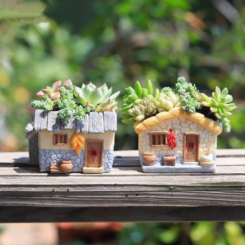 Vintage Rustikaler Harz-Blumentopf Haus für Sukkulente Pflanzen, Mini-Gartendekor im Landhausstil