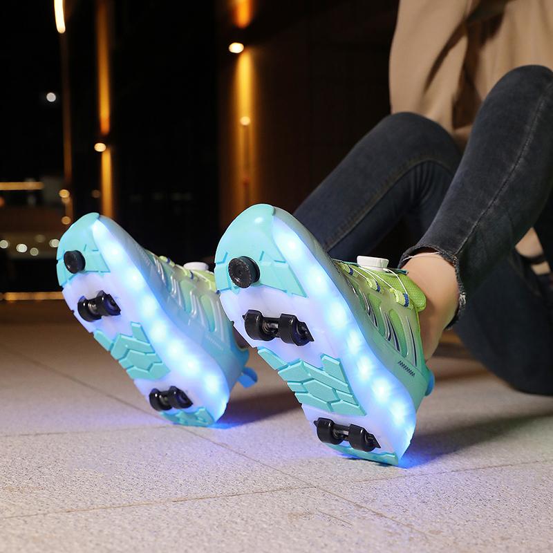 Kid's Roller Skates Removable Flat Charging LED Four Wheels Glowing Sports Shoes Pink Women's Glowing Sneakers