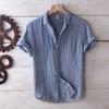 Camisa Casual Masculina de Verão com Textura em Mistura de Linho de Manga Curta