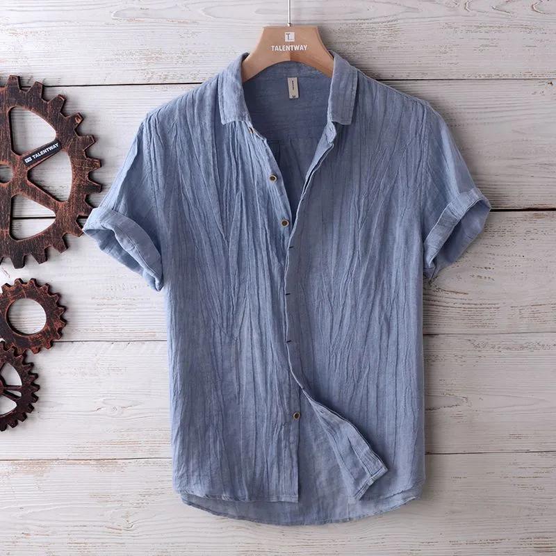 Men s Summer Textured Linen Blend Short Sleeve Casual Down Shirt M