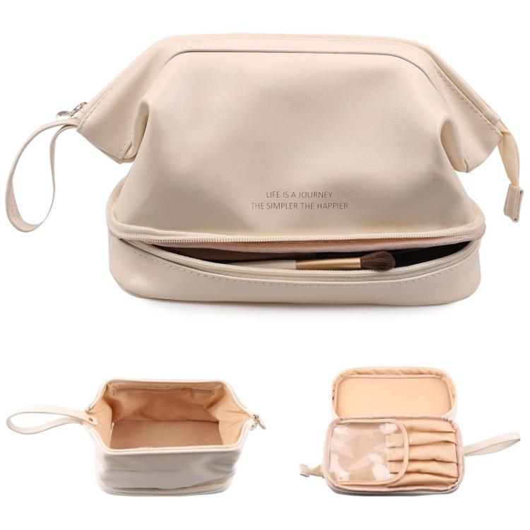 

Double-Layer Cloud Makeup Bag for Women: Large-Capacity, Portable Travel PU Toiletry & Cosmetics Organizer грязно-белый