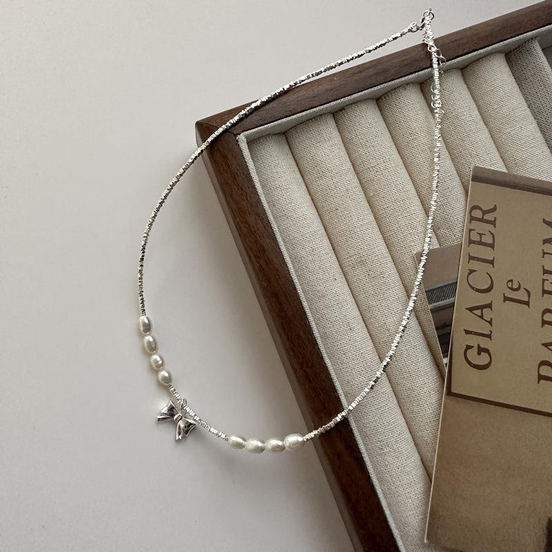 S925 Sterling Silver Bow Broken Silver Bracelet Necklace Sweet Blogger Same Handmade Design Pearl Jewelry