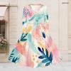 Women Plus Size V Neck Long Sleeve Printed Tie Waist A Line Flared Midi Dress