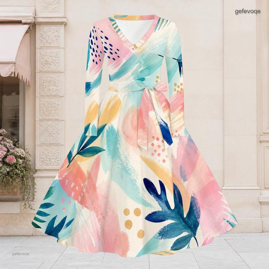 Women Plus Size V Neck Long Sleeve Printed Tie Waist A Line Flared Midi Dress