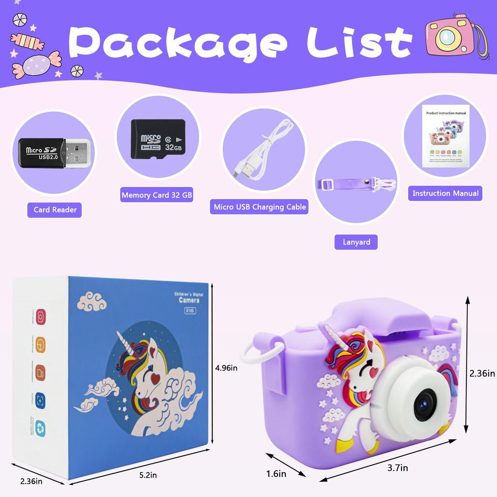 Nová Dětská Kamera Hračky Jednorožec Roztomilý Kůň 32MP1080P HD Digitální Fotoaparát pro Batole Dítě Vánoce Narozeniny Festival Dětské Dárky