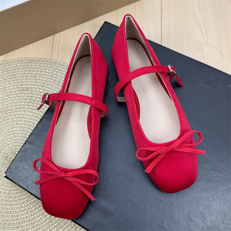 Fashion Flat Shoes for Women Suede Square Toe 2025 Spring and Autumn New Bow Flat Bottom Mary Jane Shoes Plus Size Women's Shoes 43 44