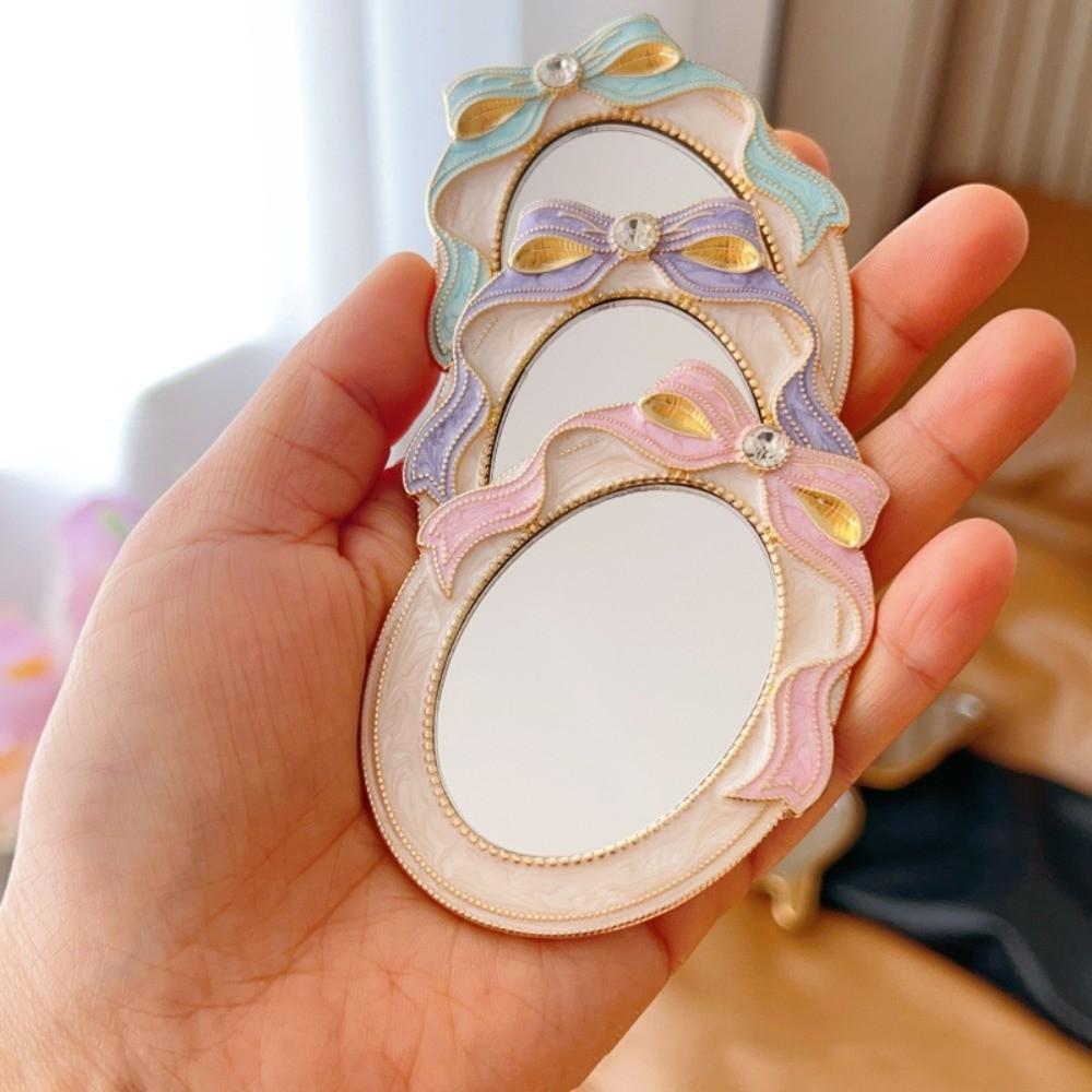 Mini Enamel Makeup Mirror Metal Frame Crystal Bow Mirror Lolita Embossment Mirror  Student Use