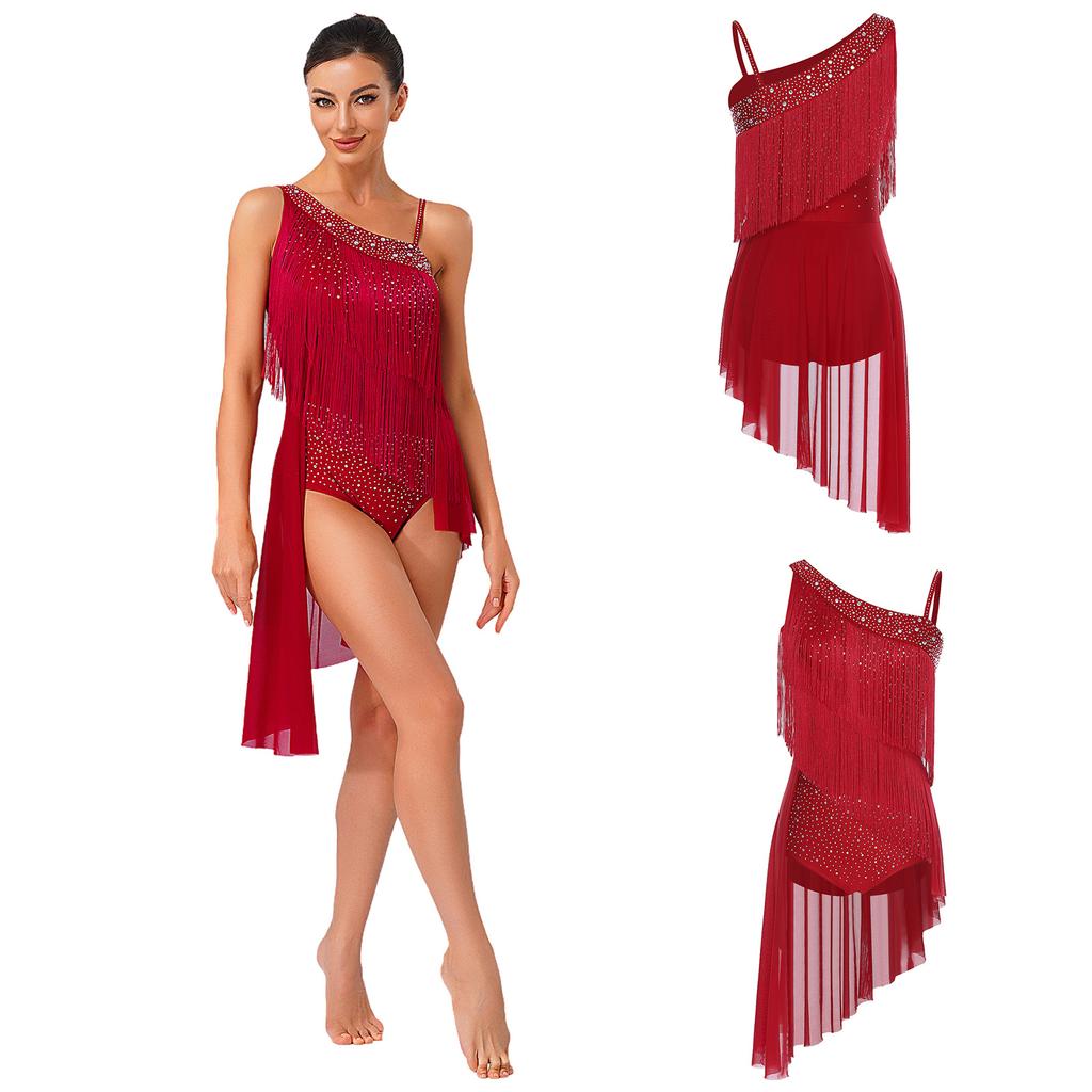 Women Latin Tango Tassel Dance Dress Asymmetrical Shoulder Glitter Rhinestones Irregular Hem Openable Crotch Leotard Dancewear for Stage Competition