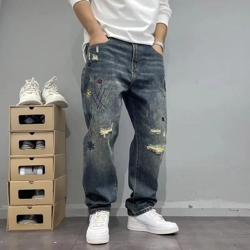 Washed Distressed Ripped Patched Embroidered Jeans Men's Slim Tapered Straight Leg Pants High Street Cool Baggy Trendy Trousers