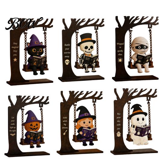 Halloween Celebration Accessories Funny Swing Ornament, Witch/Skeleton/Mummy/Pumpkin Ghost Sitting on Indoor Outdoor Decorations Reading Book Figurine