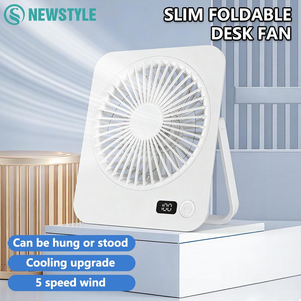 Ultrathin Desk Fan Portable Rechargeable Fan With Power Display 5 Speeds Folding Fans for Travel Sleeping Bedroom Office Home