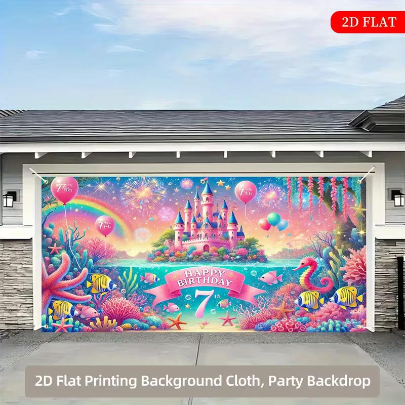 

2D Flat Printed Underwater Castle 7th Birthday Backdrop, Pink Ocean Fish & Balloon Photo Banner 47.2x31.5inch/120*80cm