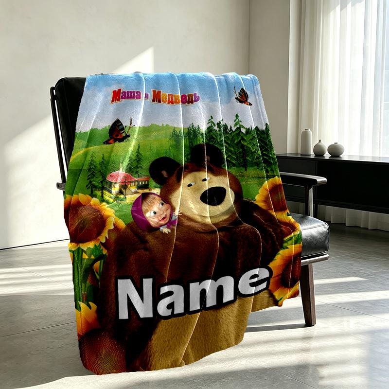Custom Name Personalized Masha and The Bear Print Blankets, Home Decor, Bedroom, Sofa, Camping, Couch, Gifts for Birthday Christmas