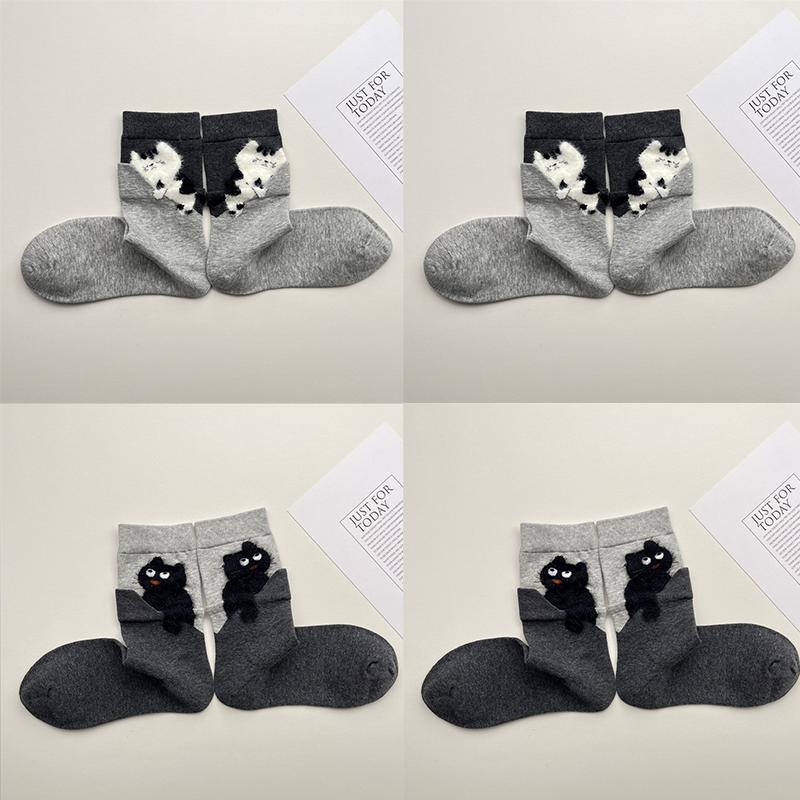 4 Pairs Cartoon Cute Cat Cotton Socks Women Girls Middle Tube Sleep Floor Socks