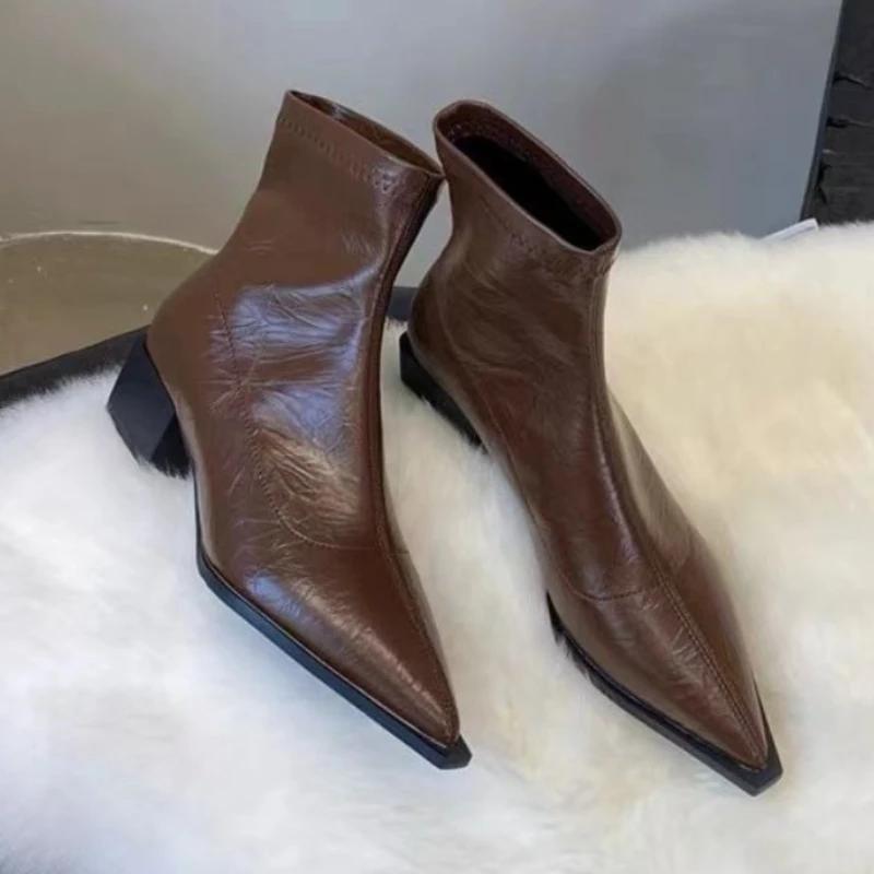 

Fashion Booties Pointed Toe Leather Women s Ankle Boots Beige Comfortable and Elegant High Quality Goth New In Rock Female Short Shoes 35