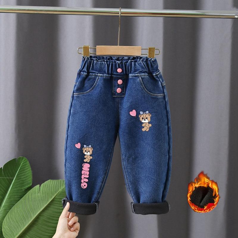 Fleece-Jeans für Mädchen im Herbst und Winter als Oberbekleidung, langohrige Kaninchen-Jeans im koreanischen Stil mit hoher Taille, trendige Hosen für Mädchen im koreanischen Stil