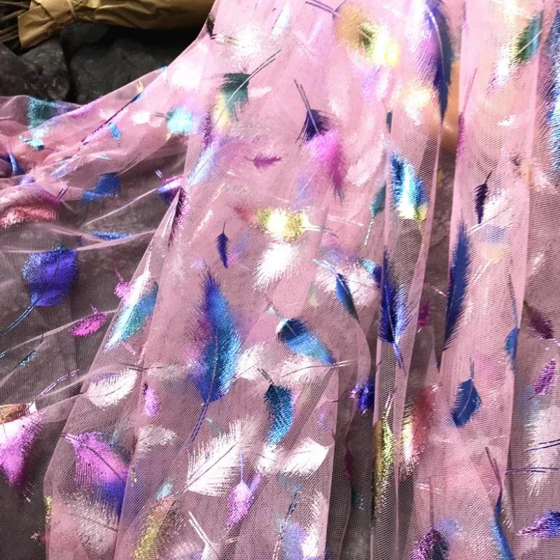 100x150cm Pióra pawiego pióra gorące siedem kolorów iluzja gradientowa siatka suknia ślubna Hanfu odzież tkanina projektant tkanin