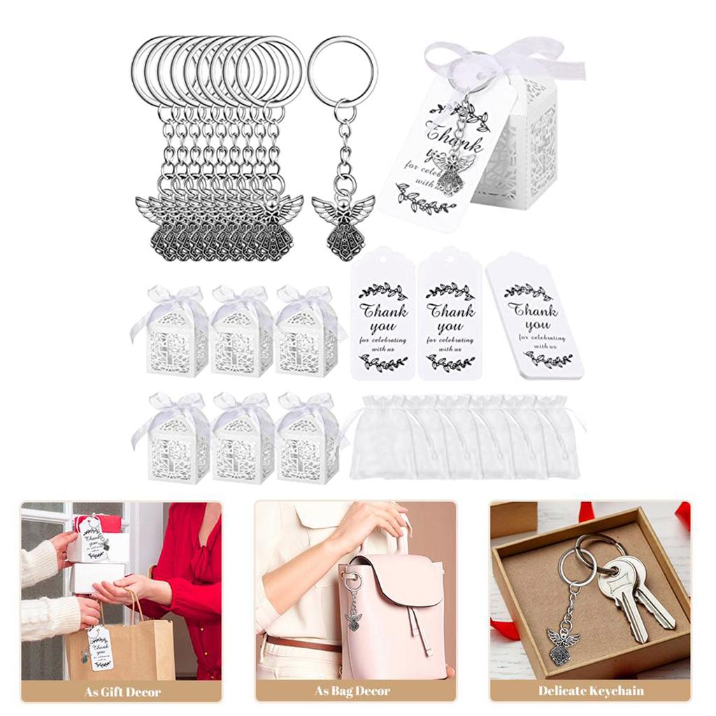 30Pcs/24Pcs Favor Boxes Angel Keychain with Keyring Chain Yarn Bags Thank You Pendant for Kids Shower Wedding Favor