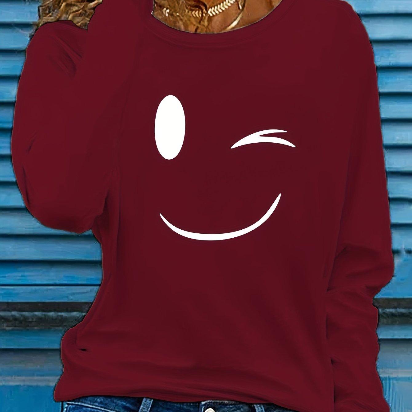 

Футболка с принтом «Улыбка», повседневный топ с длинными рукавами и круглым вырезом, весна и осень, женская одежда 8XL