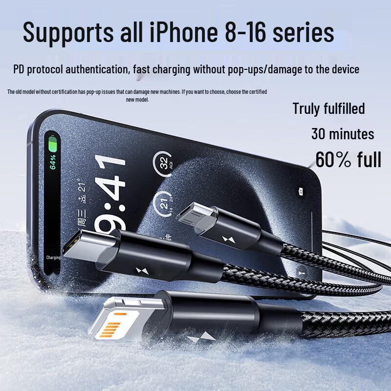 Baseus 3-in-1 PD 20W/27W Fast Charging Cable (Type-C to M+L+C)