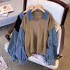 Loose Design Spliced   denim Top for Women with Fake Two-piece Sweatshirts to Make Them Look Thin