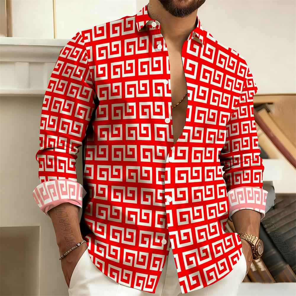 Herren Langarm Poloshirt, Vintage Print Stil mit Griechischem Schlüsselmuster, Elegantes, Bequemes und Stilvolles Herren Oberteil