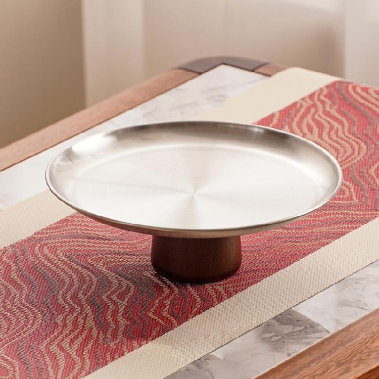 Stainless Steel High Footed Cake Storage Tray Appetizer Platter Fruit Display Plate Household Wood Base Snacks Pans