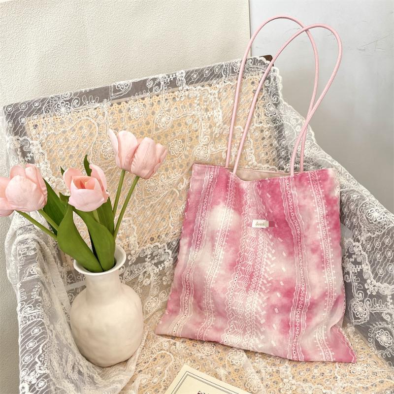 

Lace Jacquard Design Women Shoulder Bags Vacati Style College Girls Shopping Bag Portable Ladies PU Handle Tote Handbags рожевий