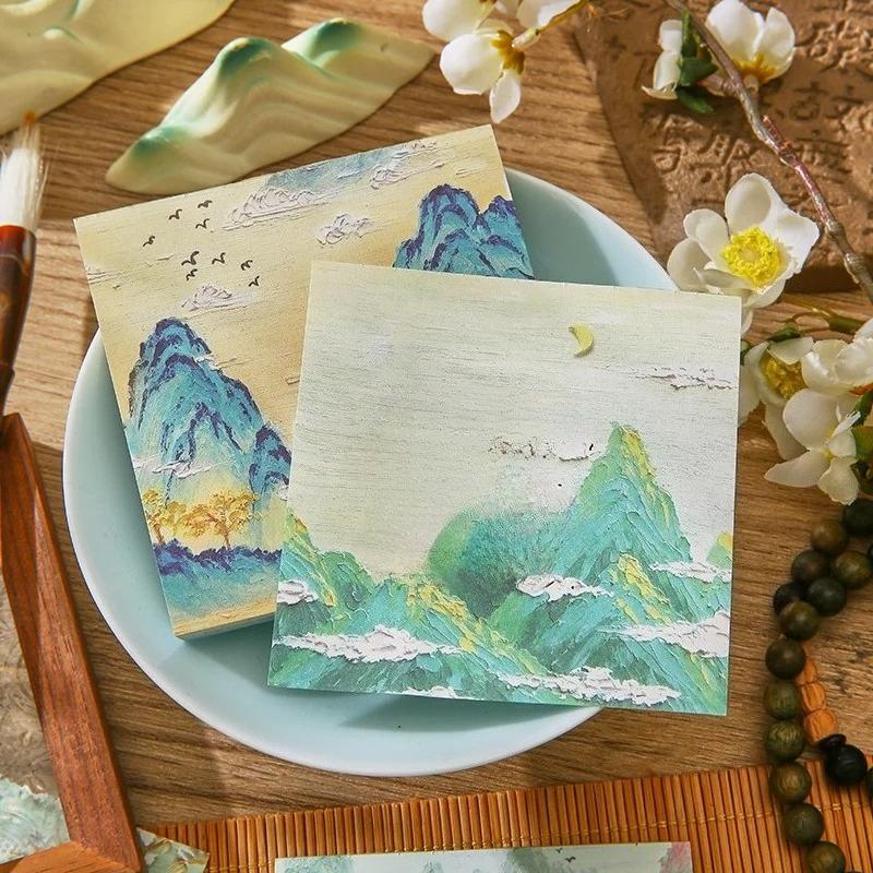 90 Sheet Retro Chinese Style Memo Pad Vintage Landscape Scrapbooking Memo Pad Lovely Sticky Note Scrapbooking Material