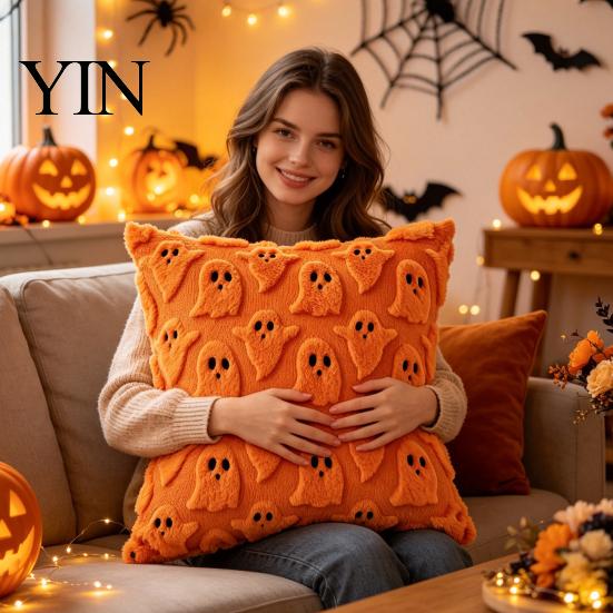 Decorative Ghost Throw Pillowcase 2Pcs Halloween Cushion Covers, Plush Pillow 18x18 Covers for Office Inch Cases Sofa Bed Couch Chair Washable Holiday
